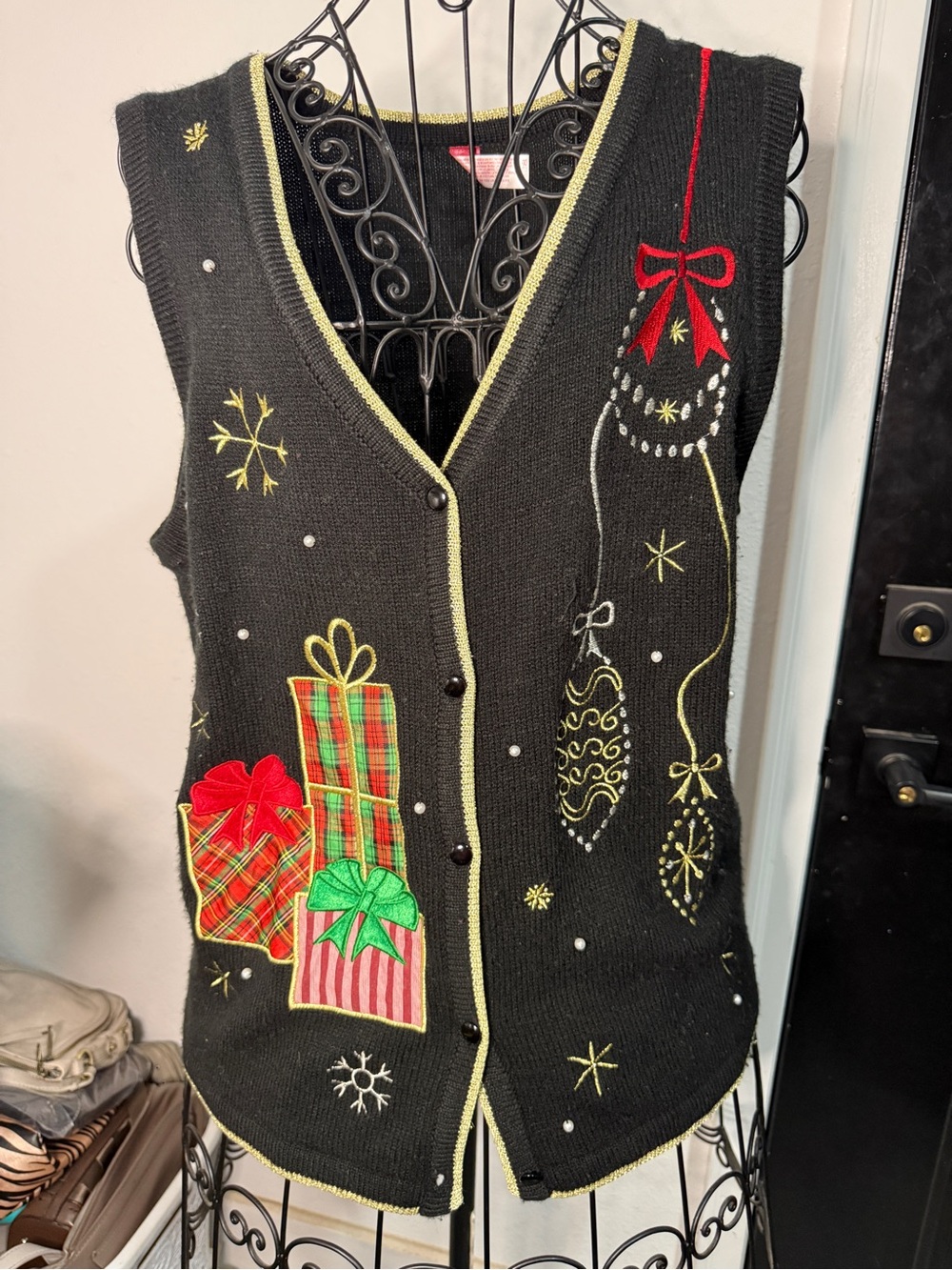 Black Embroidered Holiday Sweater Vest with Gift Motif